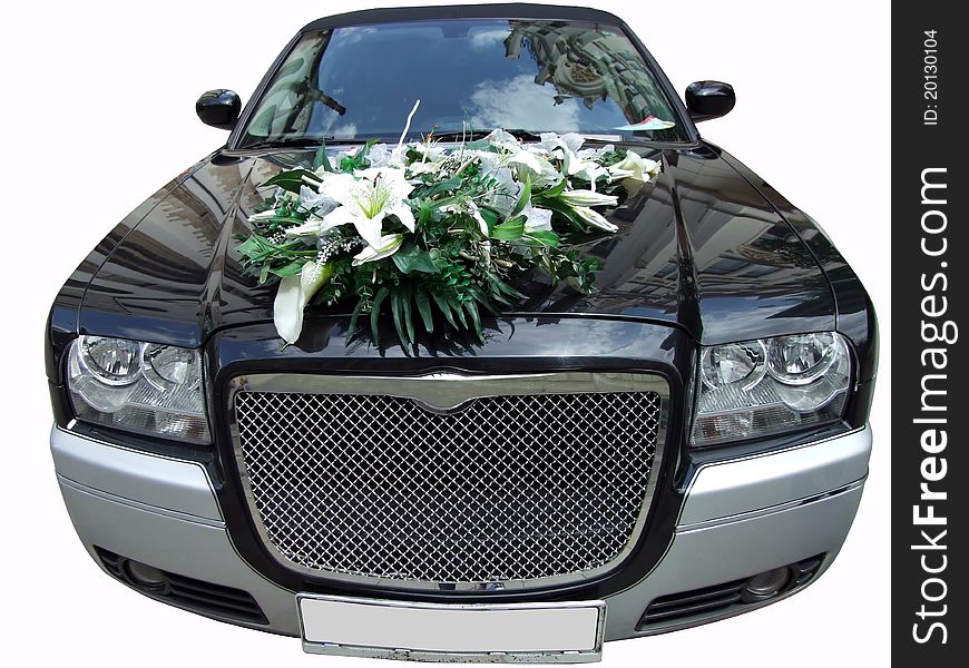 Luxury wedding limousine with bouquet