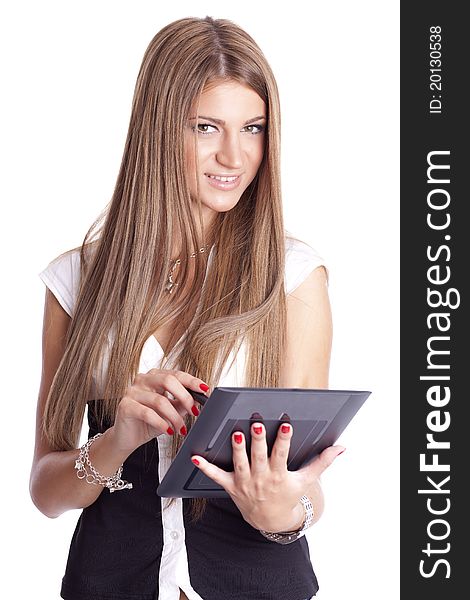 Beautiful Woman Work with Portable Tablet Computer. Beautiful Woman Work with Portable Tablet Computer