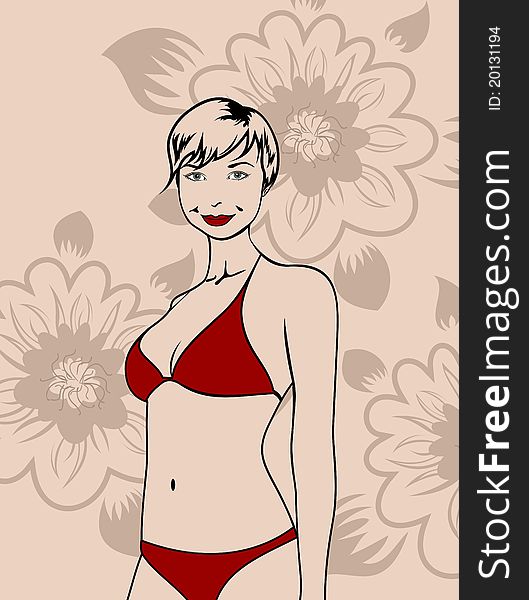 Girl In Red Bikini On A Floral Background