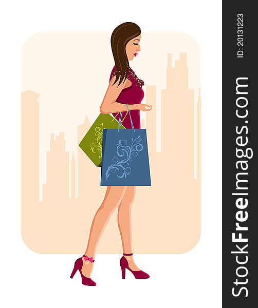 Girl With Shopping Bags, Urban Background