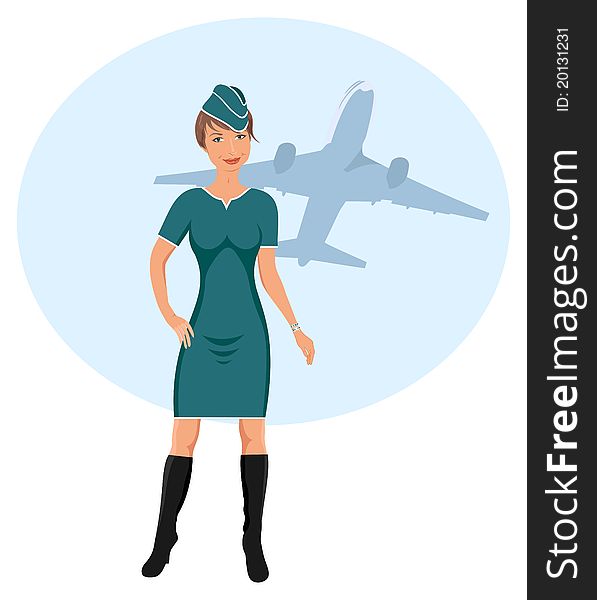 Illustration beautiful stewardess at the airport - vector