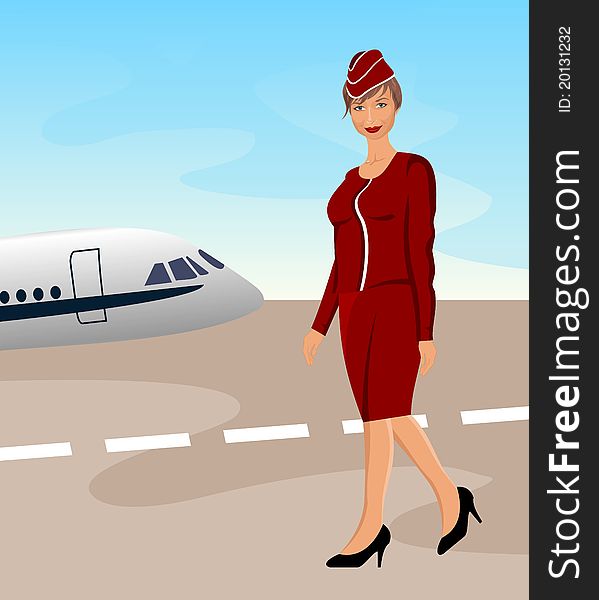 Illustration beautiful stewardess at the airport - vector