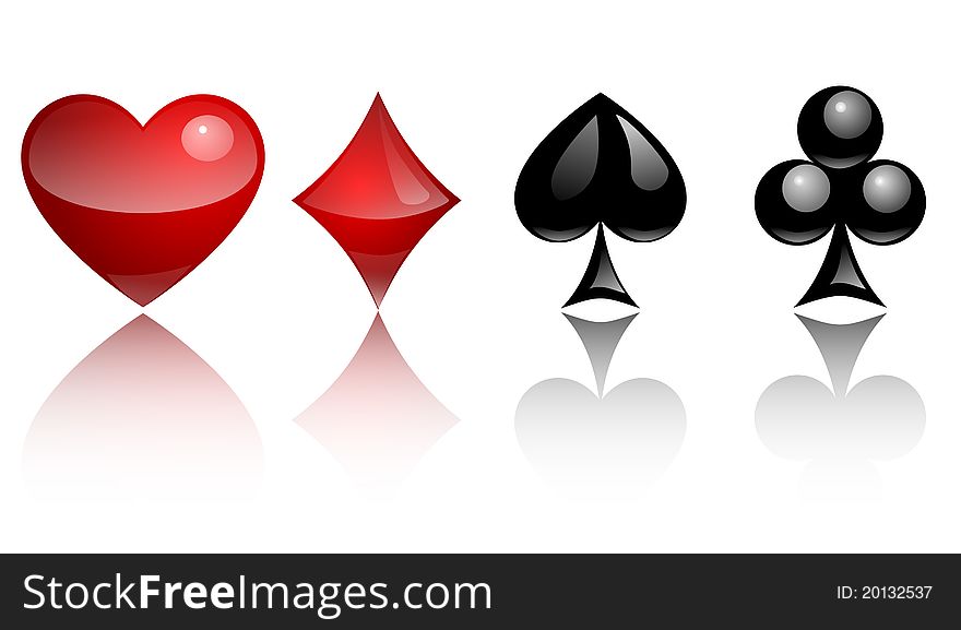 Three dimensional glass symbols of hearts, diamonds, spades, diamonds on a white background with reflection. Three dimensional glass symbols of hearts, diamonds, spades, diamonds on a white background with reflection