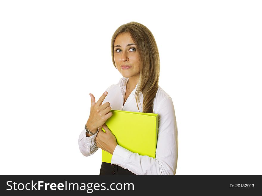 Close-up of the modern business woman with folder gestures. Isolated on a white background. Close-up of the modern business woman with folder gestures. Isolated on a white background