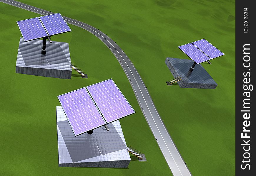 3D-modeled solar plant, representing notions such as green technologies, sustainable development, alternative energy sources as well as respect of the environment. 3D-modeled solar plant, representing notions such as green technologies, sustainable development, alternative energy sources as well as respect of the environment