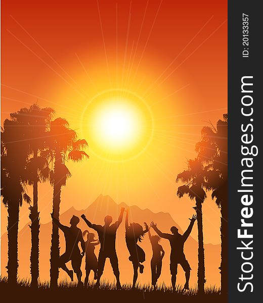 Silhouettes of people dancing on a summery background. Silhouettes of people dancing on a summery background