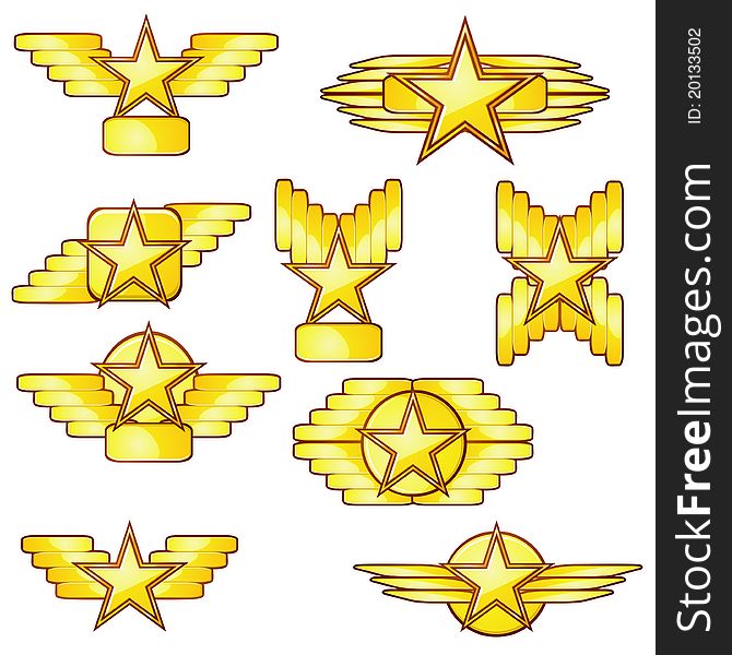 Set of golden badges with stars and wings. Set of golden badges with stars and wings