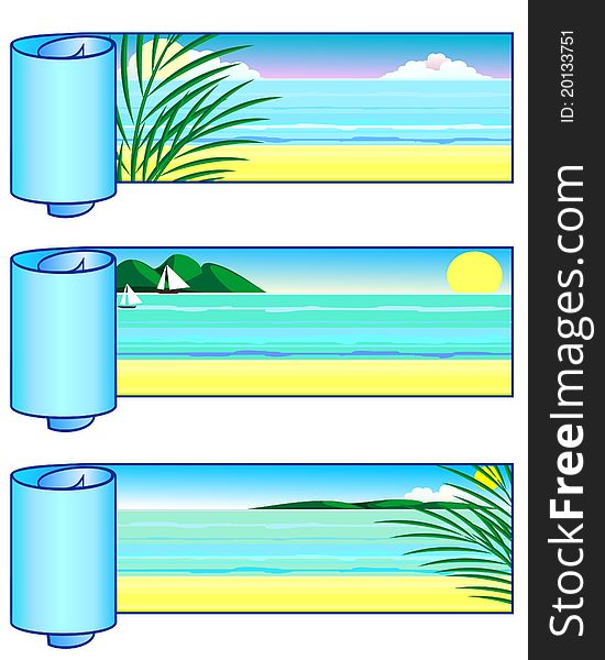 Set of horizontal coiled banners with marine landscape. Set of horizontal coiled banners with marine landscape