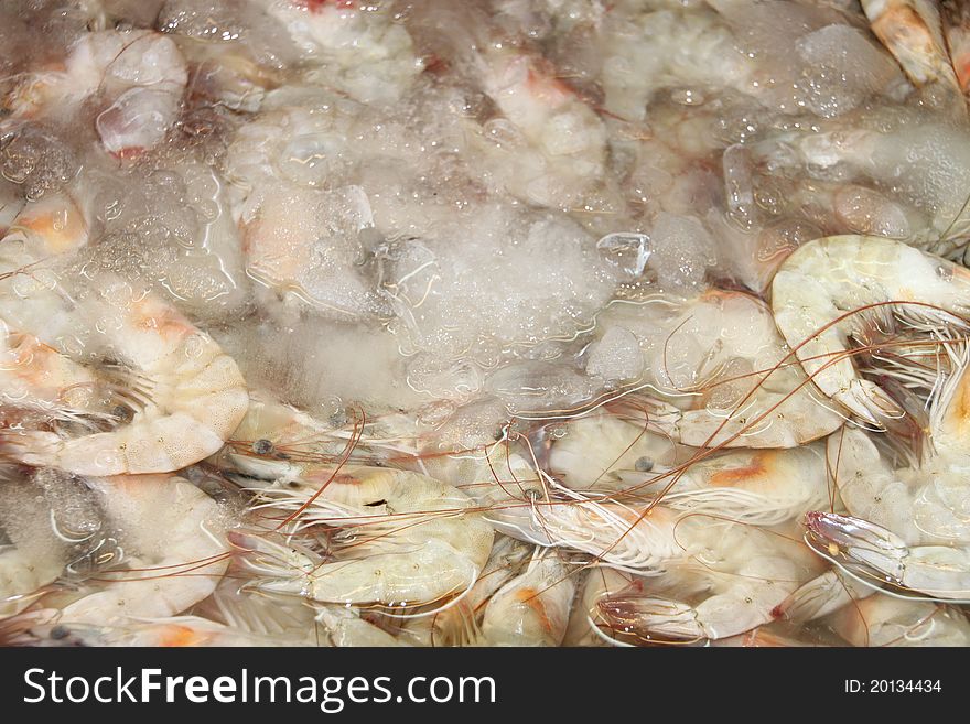 Shrimps on ice in open seafood supermarket