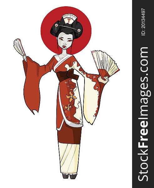 Illustration geisha with red kimono.