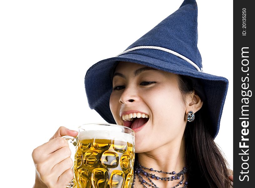 Happyl woman drinking beer, isolated on white background. Happyl woman drinking beer, isolated on white background
