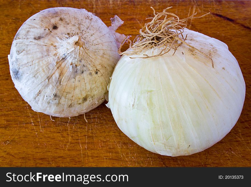 Closeup of two bulbs of onion on the table