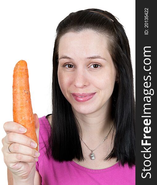 The girl with carrot isolated on white