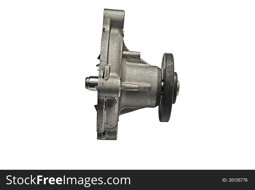 An isolated image from the side of a vehicle cooling pump. An isolated image from the side of a vehicle cooling pump
