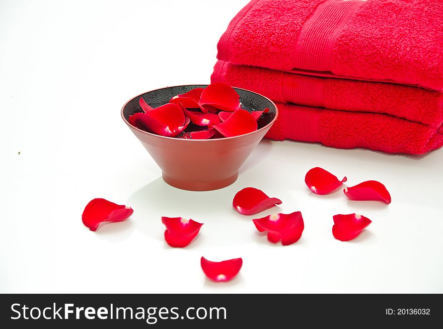 Red towels with flower on white background. Red towels with flower on white background