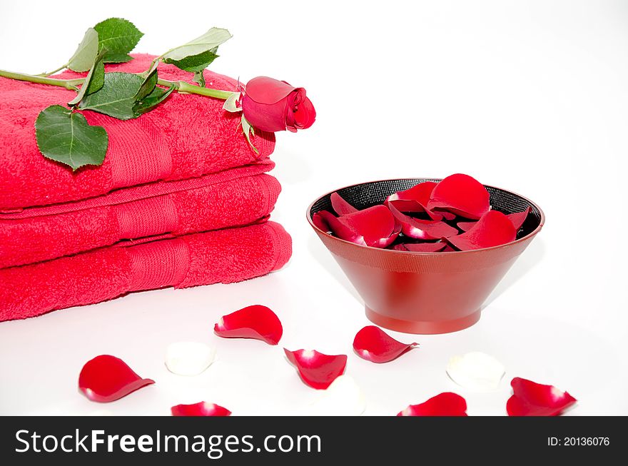Red towels with flower on white background. Red towels with flower on white background