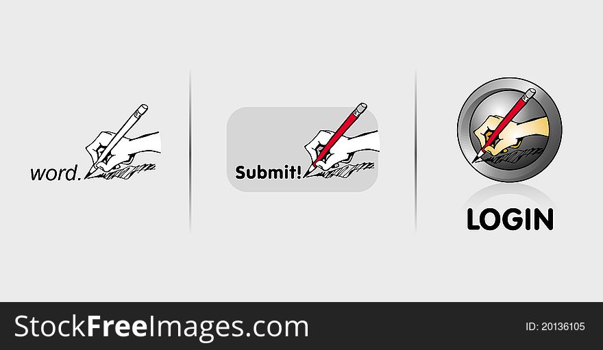 3 hand writing icons: logo, submit, login