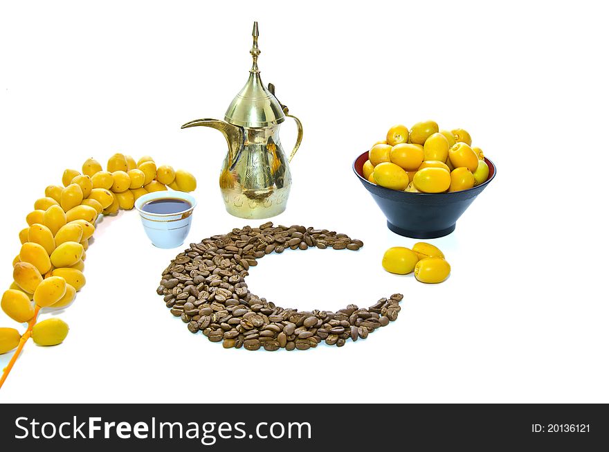Arabic Coffee with Dates Fruit isolated on white Background. Arabic Coffee with Dates Fruit isolated on white Background