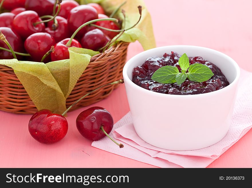 Fresh cherry jam with mint