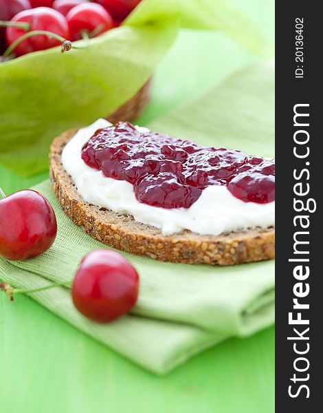 Fresh bread with jam and quark