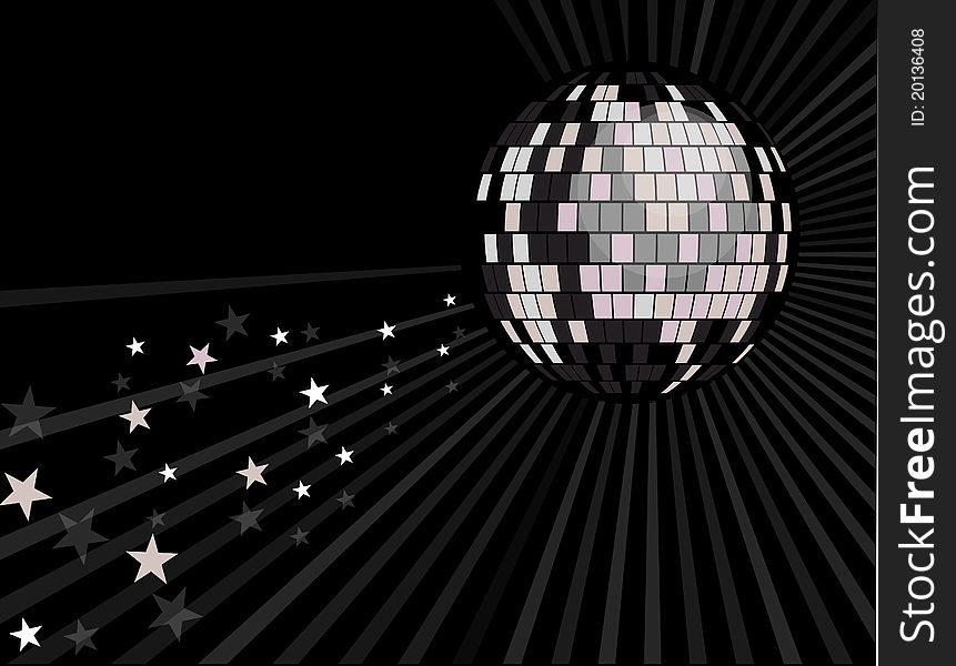Shiny silver disco ball with rays and stars on a black background. Shiny silver disco ball with rays and stars on a black background