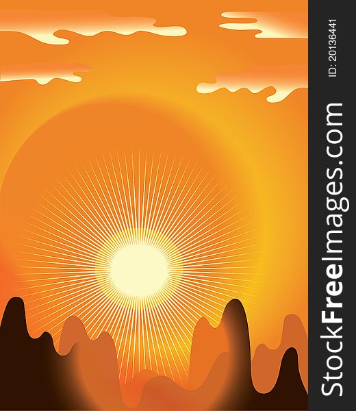 Orange sun background with mountains. Orange sun background with mountains