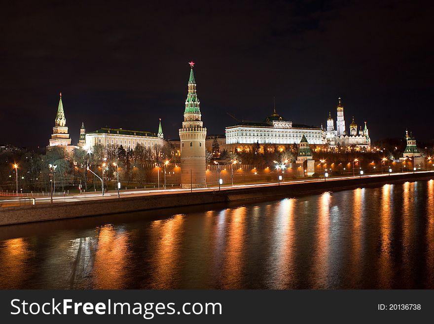 Moscow Kremlin at night with river, Russia