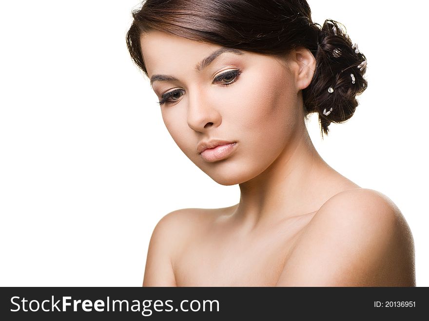 Close-up portrait of sexy caucasian young woman on white background