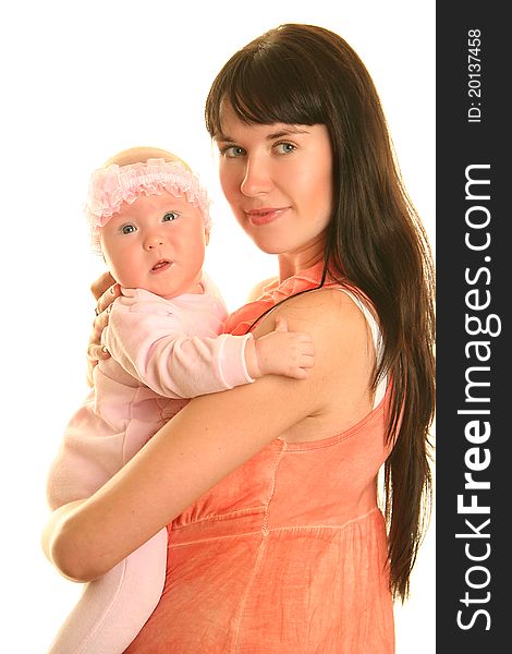 Young mother with baby on white background. Young mother with baby on white background