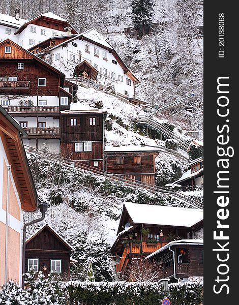 Hallstatt,Unesco City in Austria. Winter with view of wood houses in the city. Hallstatt,Unesco City in Austria. Winter with view of wood houses in the city.