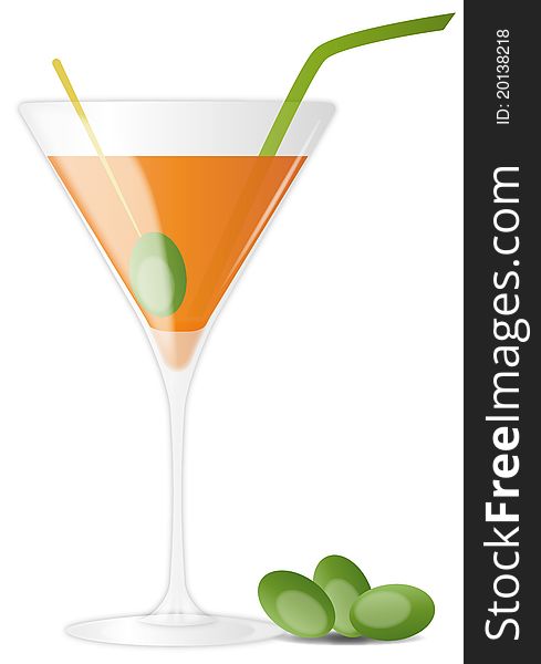 Illustration of orange cocktail with olives and straw