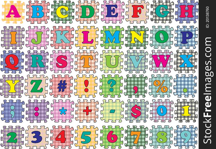 Alphabet, numbers and symbols into form a puzzle. Alphabet, numbers and symbols into form a puzzle.