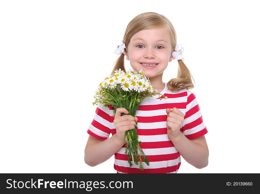 Happy girl with a bouquet of daisies isolated on white