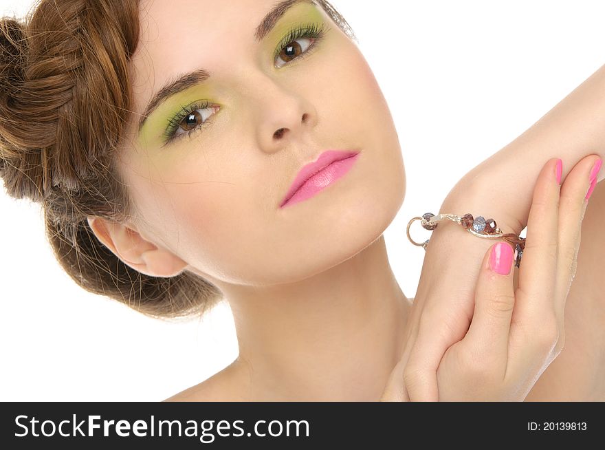 Beautiful woman with jewelry isolated on white