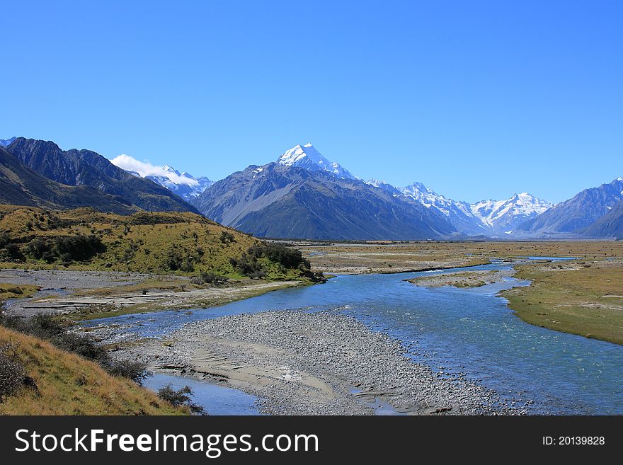Looking up the Tasman river to Mt Cook, New Zealand. Looking up the Tasman river to Mt Cook, New Zealand