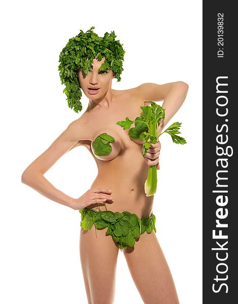 Sexy Woman With Clothes Made Of Vegetables