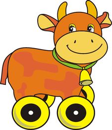 Cow With Bell On Green Strap, Toy On Wheels Royalty Free Stock Images