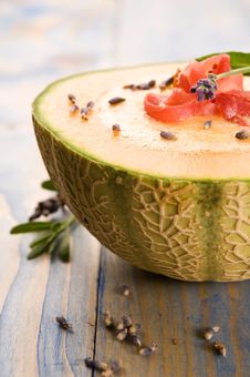 Melon Soup With Ham And Lavender Flower Royalty Free Stock Photo Melon Soup With Ham And Lavender Flower Royalty Free Stock Photo