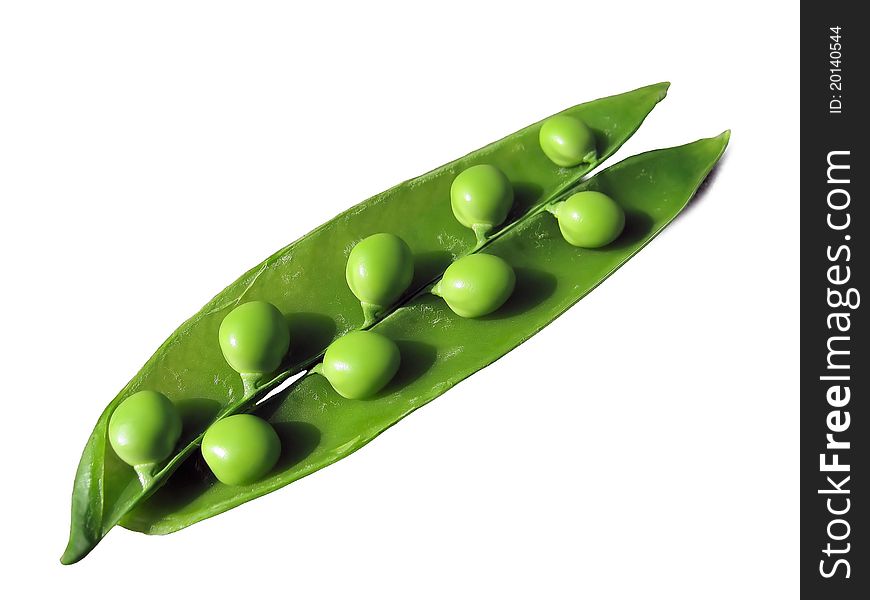 Photo of the opened pod of green peas on a white background. Photo of the opened pod of green peas on a white background