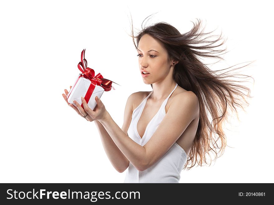 Beautiful Woman Holding Gift Isolated