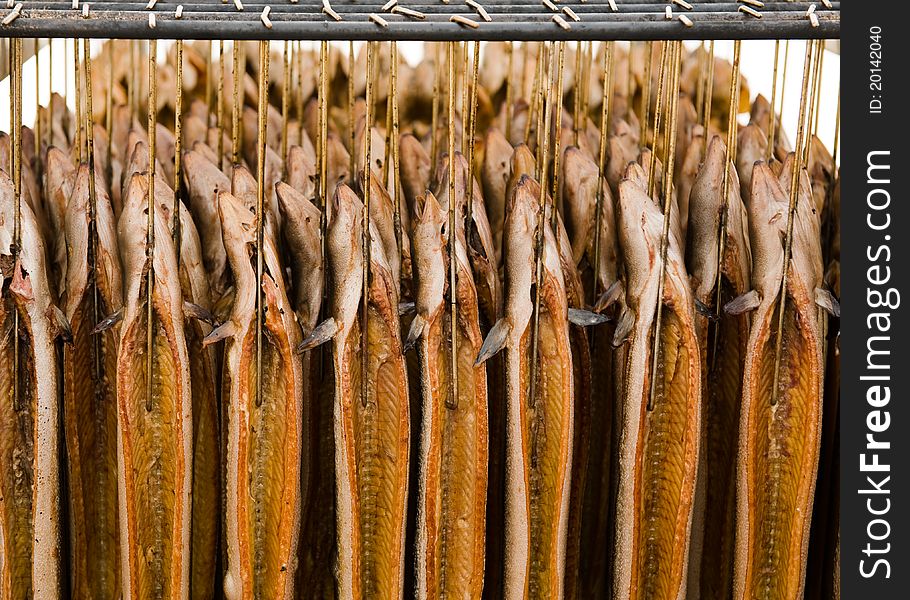 Fresh smoked eel in row