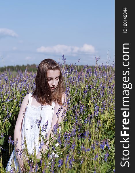 Young girl walking in a meadow among flowers. Young girl walking in a meadow among flowers