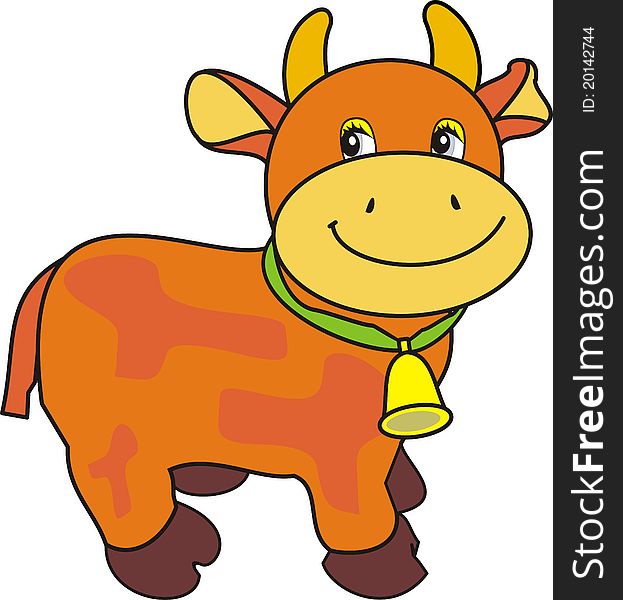 Small ridiculous cow with bell on green strap - isolated vector cartoon illustration on white background, toy