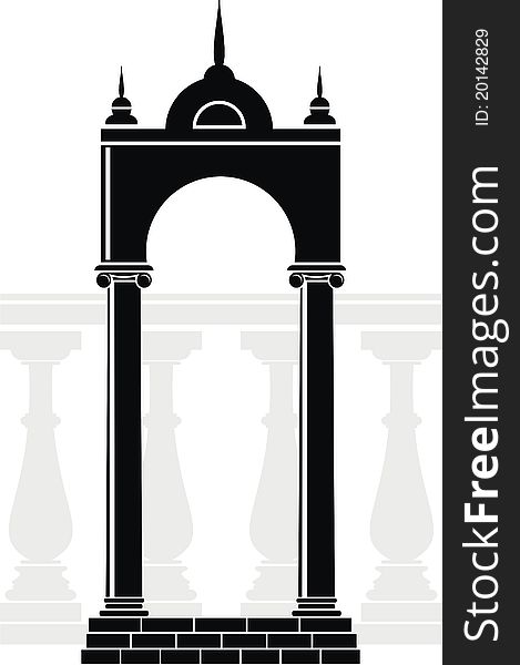 Illustration of architectural element - vector Silhouette of arch with spikes and balustrade: black, gray, isolated, white background. Illustration of architectural element - vector Silhouette of arch with spikes and balustrade: black, gray, isolated, white background