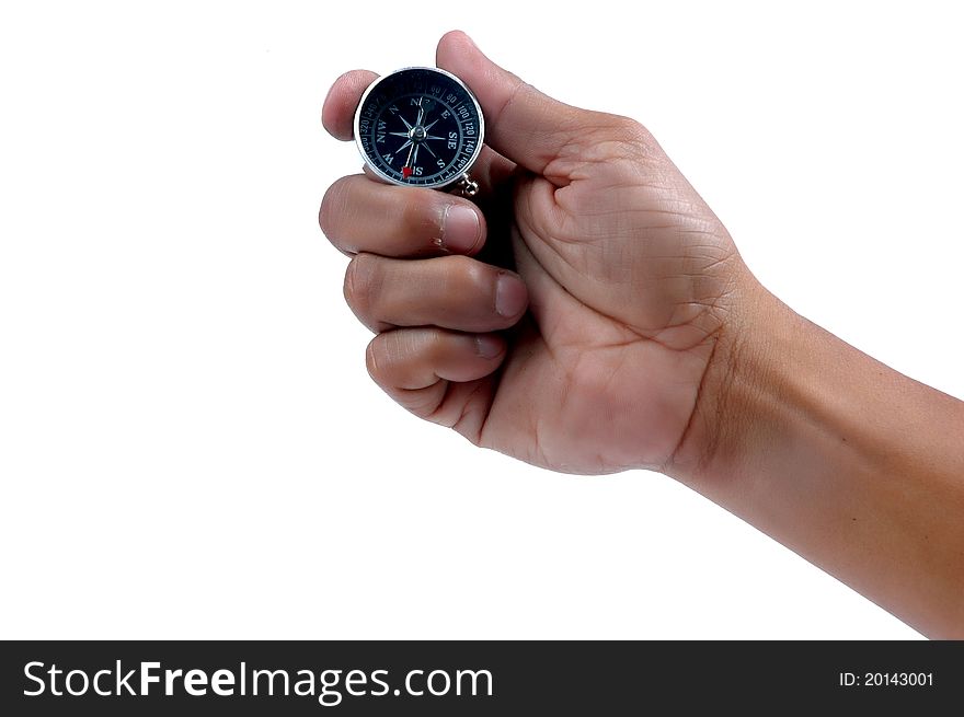 Man's hand holding a compass isolated on white backgrund