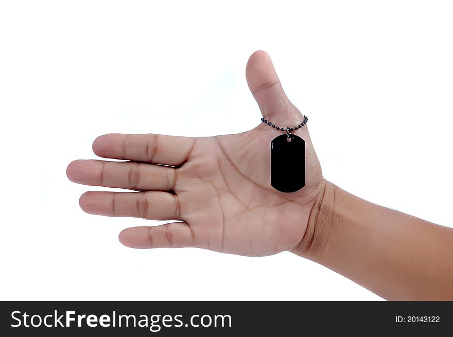 Stretch of palm and a black metal blank tag isolated on white background. Stretch of palm and a black metal blank tag isolated on white background