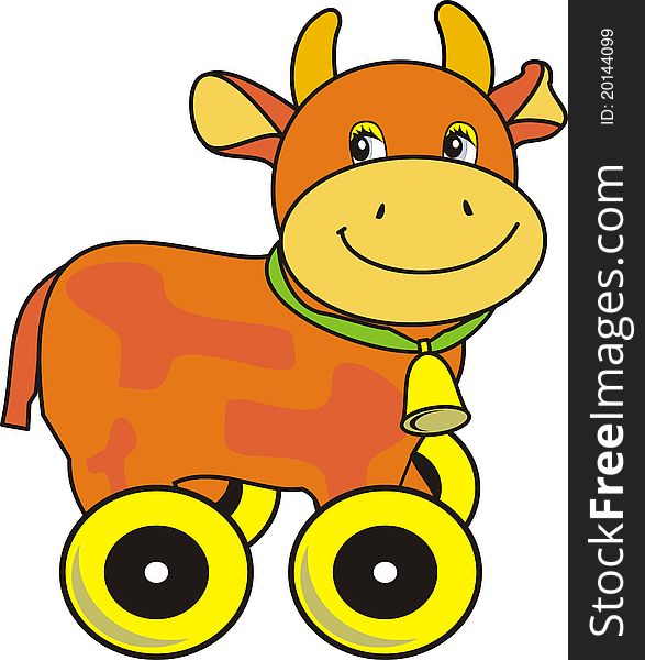 Small ridiculous cow with bell on green strap - isolated cartoon vector illustration on white background, toy on wheels. Small ridiculous cow with bell on green strap - isolated cartoon vector illustration on white background, toy on wheels