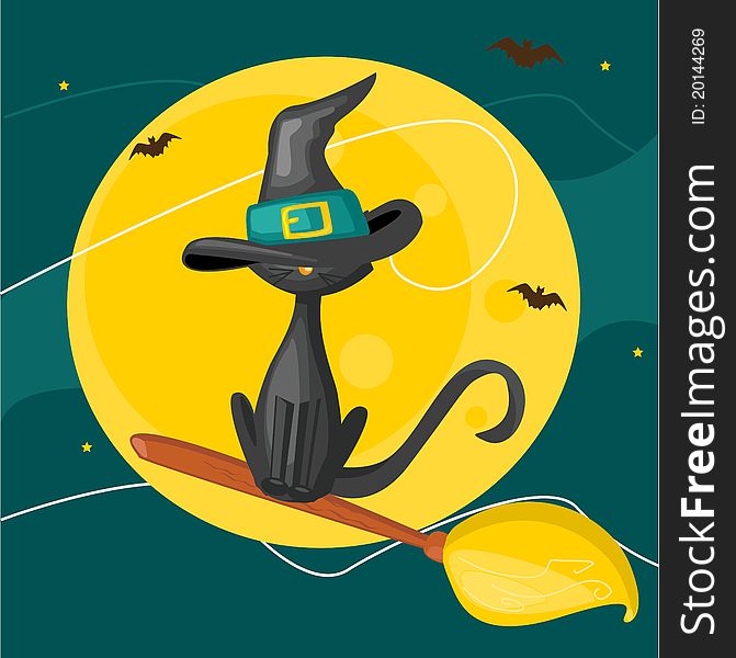 Cat on a broom, halloween background