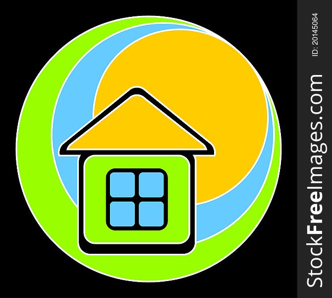 Logo in the form of the house with a yellow roof. The house against the sun, sky and a green grass. Logo in the form of the house with a yellow roof. The house against the sun, sky and a green grass.