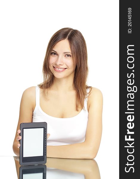 Girl with the e-book isolated on white background